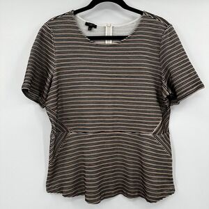 Talbots Plus Size X Striped Peplum Knit Top Black Tan White Short Sleeve Zipper